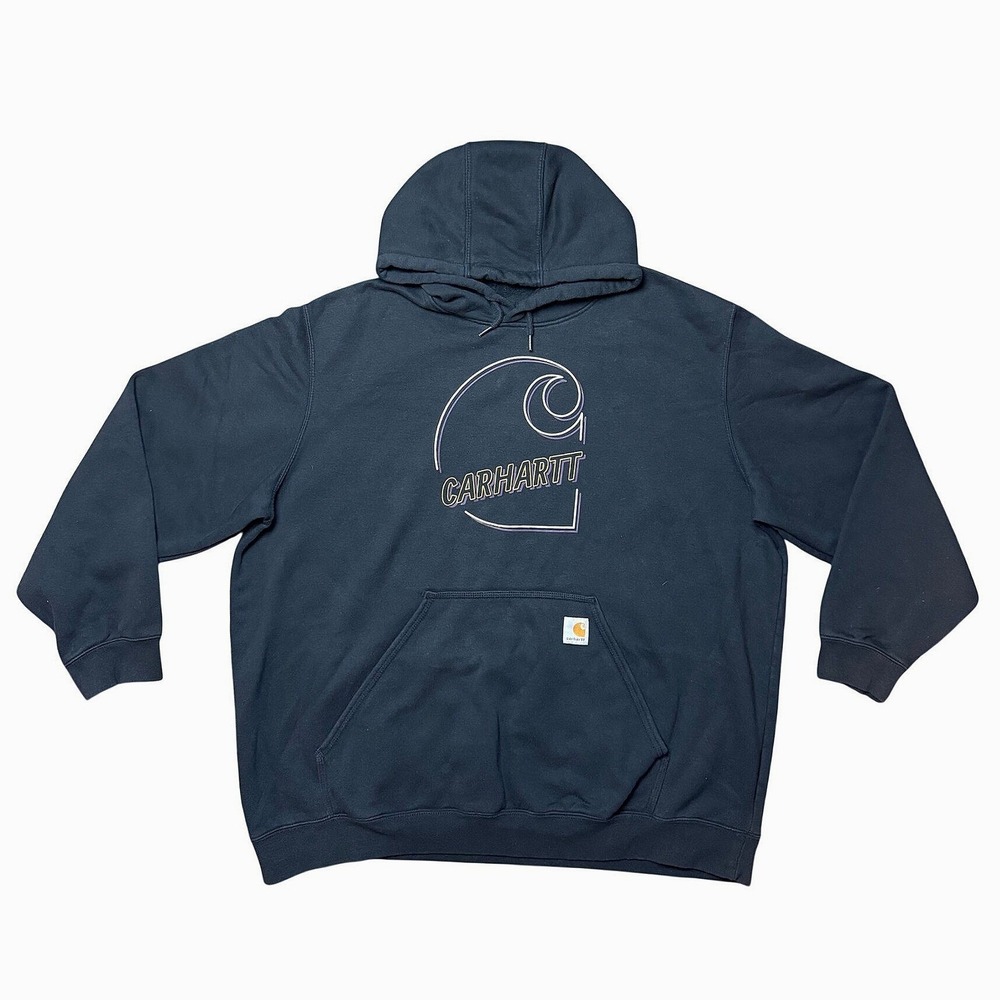 Carhartt Mens 2XL Loose Fit Graphic Logo Hoodie Black Heavyweight Pullover